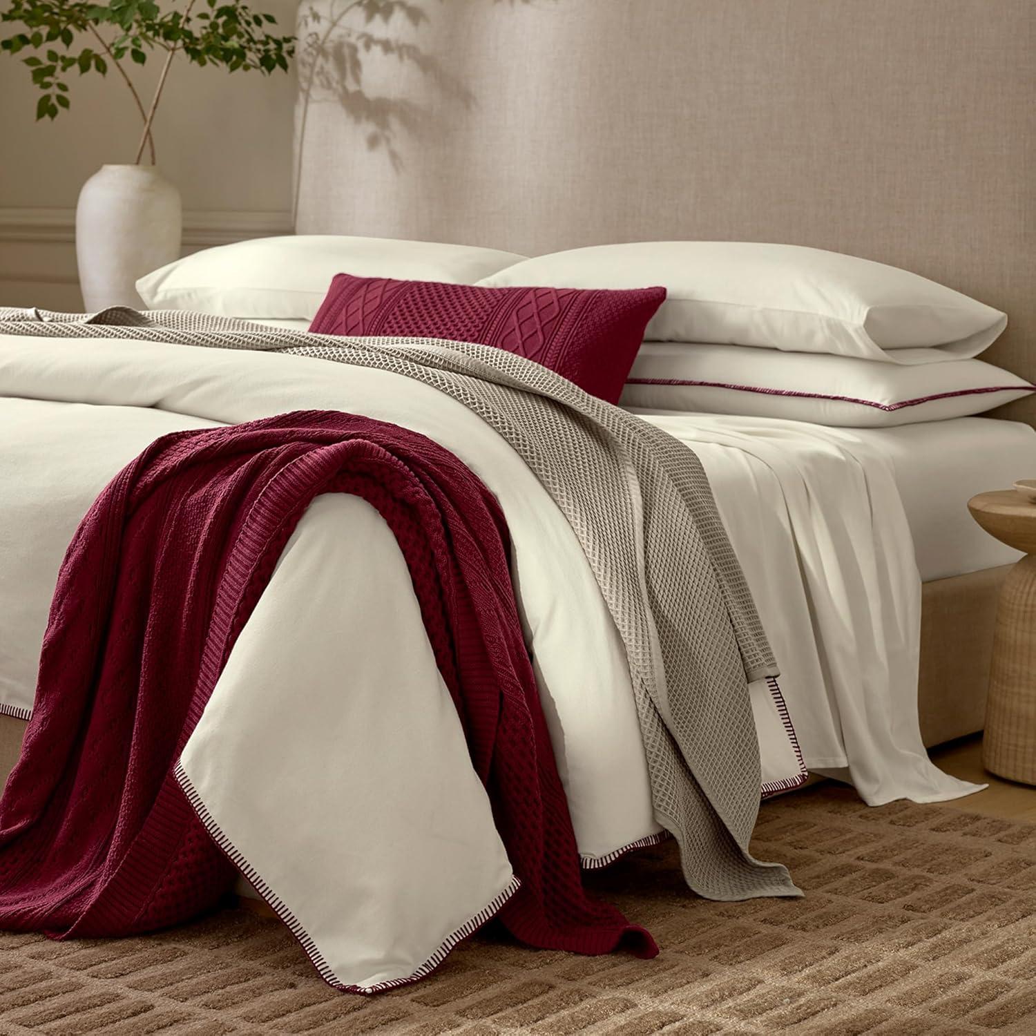 imageBOLL ampamp BRANCH Aran Knit Throw Blanket One Size Holly Luxury 100 Organic Cotton Ribbed Knit HandFinished Border Dense Richly Textured 50x70 InchesHolly