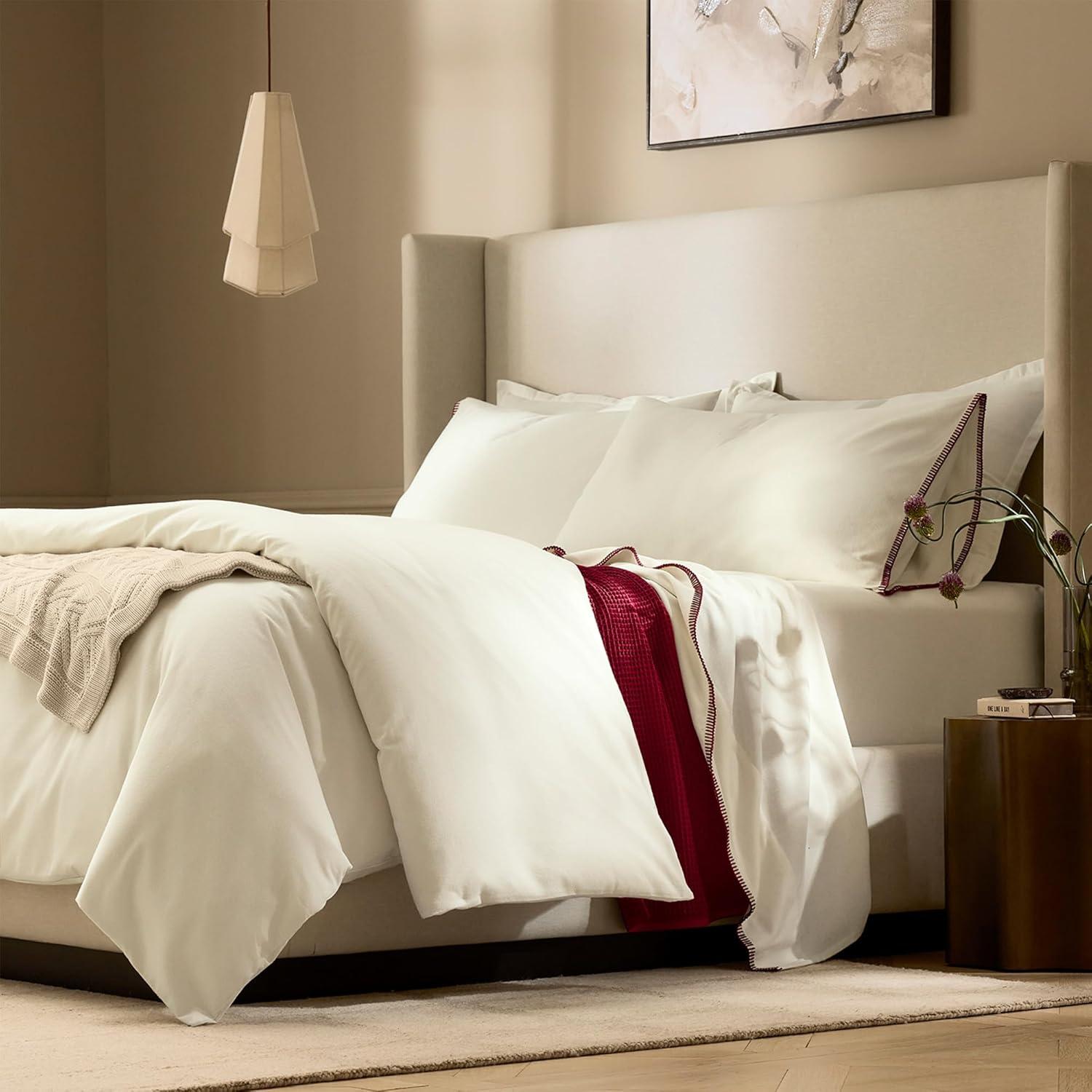 imageBOLL ampamp BRANCH Flannel Duvet Set KingCal King White Luxury 100 Organic Cotton 1 Duvet Cover 2 Shams Velvety Soft Warm ampamp Breathable WeaveCream