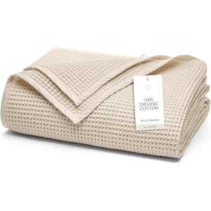 BOLL & BRANCH Waffle Bed Blanket – King/Cal King, Shore – Luxury 100% Organic Cotton – Soft, Lightweight and Breathable – Textured Waffle Weave Design(Natural)