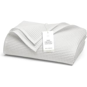 BOLL & BRANCH Waffle Bed Blanket – King/Cal King, Shore – Luxury 100% Organic Cotton – Soft, Lightweight and Breathable – Textured Waffle Weave Design(White)