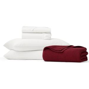 BOLL & BRANCH Waffle and Signature Prime Exclusive Bundle – 1 Sheet Set, White, King – 1 Waffle Blanket, Holly, King/Cal King- 100% Organic Luxury Cotton
