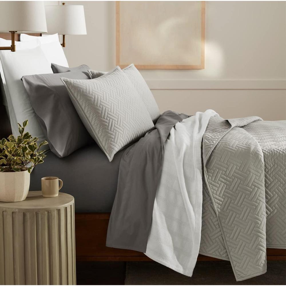 imageBOLL ampamp BRANCH Signature Basketweave Quilt Set Prime Exclusive Twin White Luxury 100 Organic Cotton 1 Bedspread 2 Shams Soft and BreathablePewter