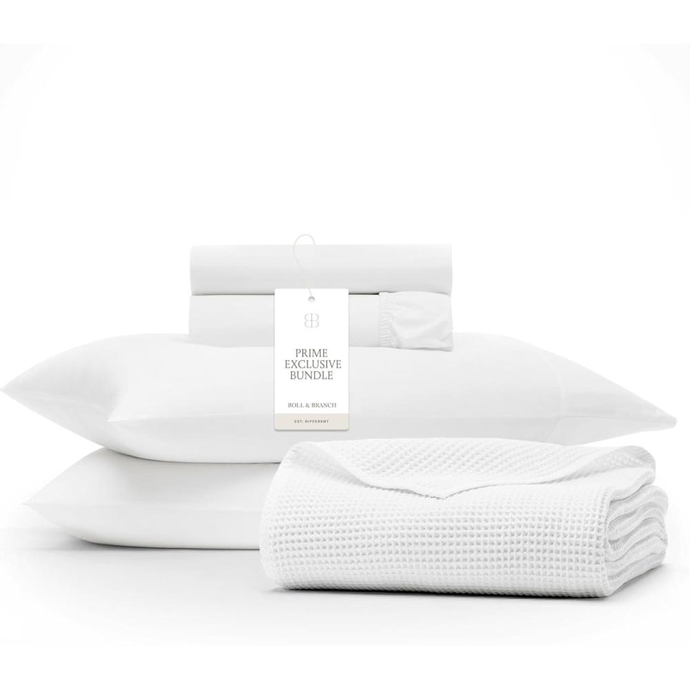 imageBOLL ampamp BRANCH Waffle ampamp Signature Prime Exclusive Bundle 1 Sheet Set White King 1 Waffle Blanket White KingCal King 100 Organic Luxury Cotton