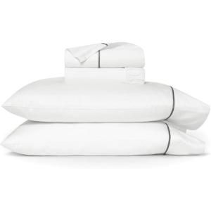 BOLL & BRANCH Signature Embroidered Sheet Set – Full, White/Shore – Luxury 100% Organic Cotton – 1 Flat Sheet, 2 Fitted Sheet, 2 Pillowcases(White/Stone)